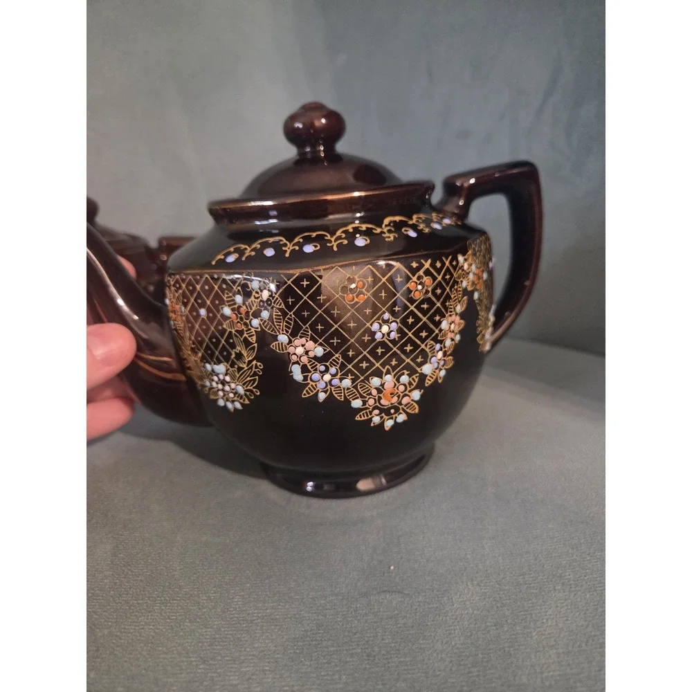 Vtg Brown Betty Redware Teapot Moriage Enamel Hand Painted Japan Set Of 4